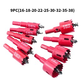 CJBIN Hole Saw, 9 Pieces Hole Drill Wood 16 mm 18 mm 20 mm 22 mm 25 mm 30 mm 32 mm 35 mm 38 mm Bi-Metal Wood Drill Bit Set for Wood, Plastic Board, Drywall, Pipe, Hollow Wall Boxes and Desk, Red