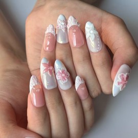 Handmade Press On Nails Medium Almond Nails, French Tip Press On Nails, 10 Pcs 3D Pink Nails For Women, Reusable Stick On Fake Nails Kit With Nail File (Size S)