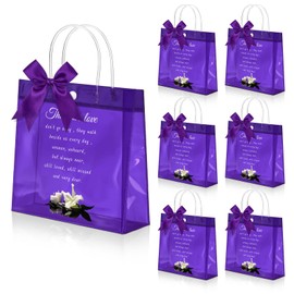 Vicenpal 24 Pcs Funeral Gift Bag Party Favors for Guests Clear Favor Bags with Handle Bow PVC Plastic Treat Goodie Bag 7.9 x 7.9 x 3.1 Inch Sympathy Gift for Memorial Celebration of Life (Purple)