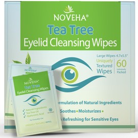 NOVEHA 60PCs Tea Tree Oil Eyelid & Lash Wipes | With Hyaluronic Acid, Green Tea & Chamomile For Blepharitis, Itchy & Stye Eyes, Individually Wrapped, Natural Eyelash Makeup Remover & Daily Cleanser