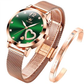 OLEVS Women's Watch Rose Gold with Heart Diamond Black White Face Quartz Wrist Watch Waterproof Belt Bangle Set, Green, Bracelet