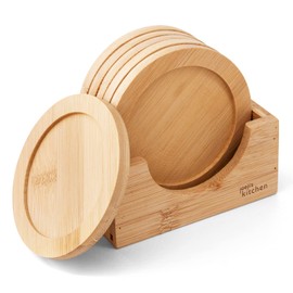 Joeji's Kitchen Set of 6 Wooden Coasters with Holder - 9cm Bamboo Coasters Heat & Water Resistant Drink Coasters to Prevent Burns or Water Rings