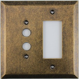 Jumbo Stamped Aged Antique Brass Two Gang Combo Wall Plate - One Push Button Light Switch One GFI/Rocker Switch