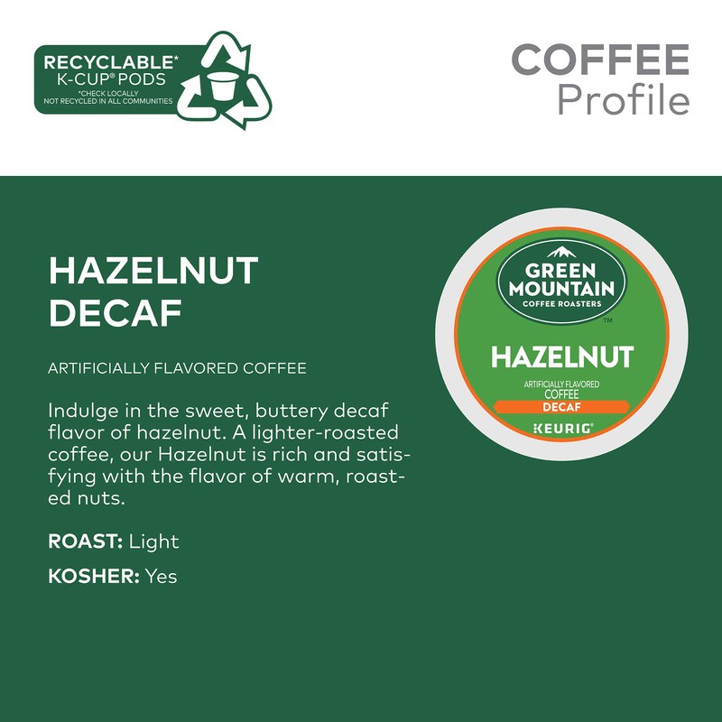 Green Mountain Coffee Roasters Hazelnut Decaf Coffee, Keurig Single-Serve K-Cup