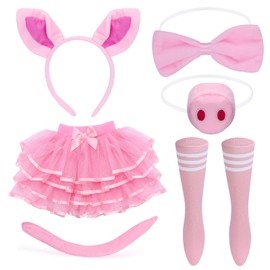 Yewong Pig Costume Set Pig Ears Headband Nose Tail Bow Tie Tutu Skirt Thigh Highs Set Animal Cosplay Pink Pig Costume Accessories for Kids