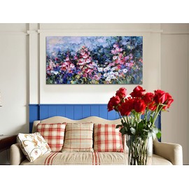 Arjun Flowers Wall Art Pink Elegant Painting Modern Abstract Colorful Floral Landscape Picture Canvas Rustic Wildflowers 48"x24" Large Framed Artwork for Bathroom Living Room Bedroom Home Office Décor