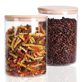 CZFWin Set of 2 Glass Flour Container with Airtight Bamboo Lid, Large Food Jar with Wooden Lid for Storage Flour, Sugar, Cookies, Rice, Coffee Beans(3L)