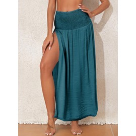 Herseas Beach Sarong Wraps for Women Swimsuit Cover Up Shirred Wide Waist Split Thigh Swim Long Skirt Bathing Suit Bottom Stone Green Medium 8 10