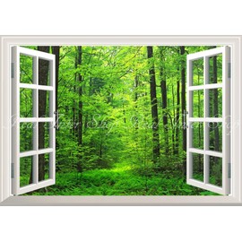 Painting Style Wallpaper Poster (Removable Seal Type) -Window Scenery - Forest Forest Bathing Green Eye Care Mood Change Healing [Window Specifications/Trick Art] Caracro SNR-001MA2 (A2 Edition 23.4 x 16.5 inches (594 mm x 420 mm) Architectural Wallpaper