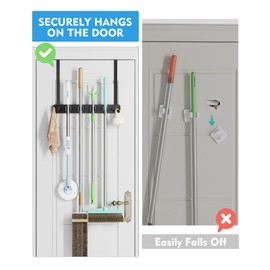 BS-VOG Over the Door Broom Holder, Mop and Broom Holder Door Mount, Hanging Broom Holder Over the Door with 4 Racks & 2 Hooks, Wood Broom Door Hanger Storage, Laundry Tool Organizer for Closet Garage