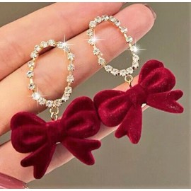 Unbranded Elegant Red BOW Velvety Oval Rhinestone CHRISTMAS Gift Valentine Day Earrings H5