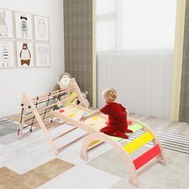 Fasyou Toddler Climbing Toys, 3 in 1 Foldable Triangle Set with Slide, Rocker & Climbing Arch, Wooden Indoor Jungle Gyms, Baby Playground Climbing Gym for 1-3 Years - Colorful