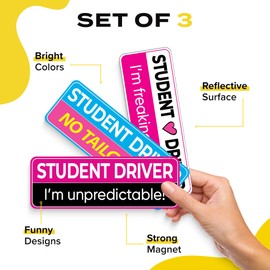 Student Driver Magnet for Car - Funny Pink 3-Pack Girly Please Be Patient Reflective Magnetic Bumper Sticker Set - Removable Novice Rookie Safety Attention Sign - Weather-Resistant 10 x 3.5