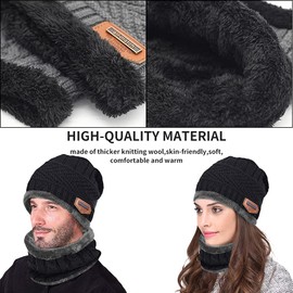 Aisprts Wintermütze Beanie Schal Set Thermische Strickmütze Wintermütze und Loop Schal mit Fleece Futter für Herren und Damen, Unisex Winter Warme Set, Schwarz, Einheitsgröße