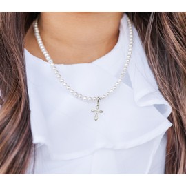 Children's Sterling Silver First Communion Cross Necklace with High-End Simulated Pearl for Little Girls (12-14 inch adjustable)