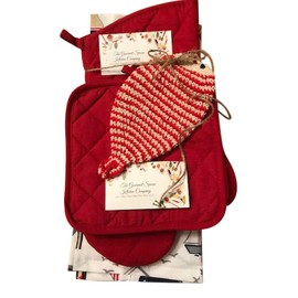 Nautical Beach Ocean Kitchen Towel Set with 2 Dish Towels, 2 Quilted Pot Holders, Oven Mitt and with Microfiber Fish Scrubbier (RED)