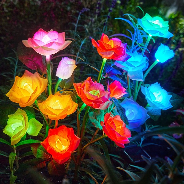 Solar Garden Lights Outdoor Decorative, RECHOO 3 Pack Solar Garden Lights with 12 Rose Flowers, Multi-Color Changing LED Waterproof Solar Powered Garden Decor for Patio Yard Pathway Decoration