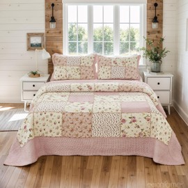 Brandream King Quilt Set 100% Cotton Handcrafted Patchwork Quilts Rose Floral Quilt Set Vintage Farmhouse Quilt Bedding Set 3-Piece