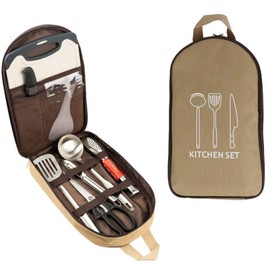 Jaugufiy Chef Knife Bag ，Camping Utensil Bag Portable Silverware Bag Travel Cookware Storage ，Knife Backpack and Waterproof Chef Bag，Tote Picnic BBQ Tableware Fork Spoon Chopsticks Organizer (khaki)