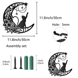 CREATCABIN Black Cat Moon Metal Wall Art Decor Iron Wall Art Black Hollow Rose Sculpture Hanging Decor Rustic Metal Cat Wall Decor Sign for Cats Lover Indoor Outside Living Room Home 12 x 12Inch