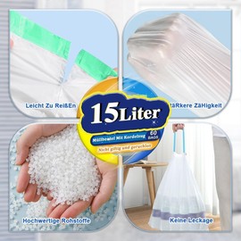 OKKEAI Bin Liners 15 L with Drawstring White Bin Bags, Pack of 60 Waste Bags with Handles