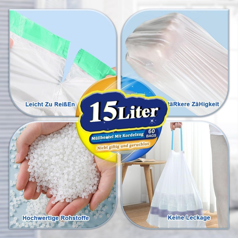 OKKEAI Bin Liners 15 L with Drawstring White Bin Bags,