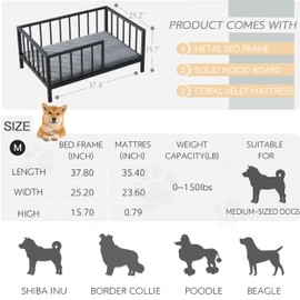 OSCHF Dog Bed with Rails - Elevated Pet Metal Bed Frame with Solid Wood Board and Washable Soft Mat for Medium Dog Indoor or Outdoor Use, 25.2" x 37.8", Black