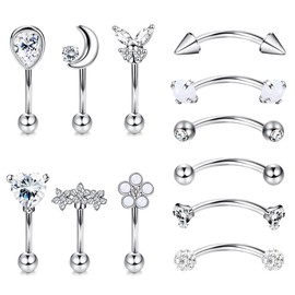 Suprsparkle 12Pcs 16G Hypoallergenic Stainless Steel Curved Barbell Eyebrow Rings For Women Men Rook Daith Cartilage Earrings Labret Lip Monroe Rings CZ Petite Belly Button Ring Silver Tone8mm