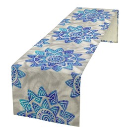 Boho Mandala Flower Table Runner Retro Ethnic Blue Watercolor Tribal Floral Oriental Seasonal Dinner Runner Farmhouse Home Kitchen Holiday Party Dining Table Decor 13x36in