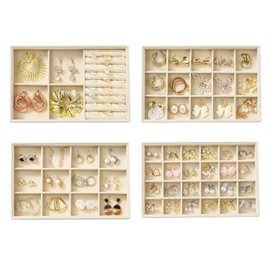 KATISYIO Jewelry Drawer Organizer, 4 Set of Stackable Jewelry Trays for Drawer Inserts Velvet Organizers and Display Storage for Earring Necklace Rings Bracelets (Beige)