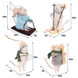 Juegoal Felt Skiing Mice Ornaments Set of 4, Winter Xmas Wool White Mouse Hanging Decor, Felt Animal Crafts Woodland Cute Christmas Tree Wreath Decor for Home Party Supplies