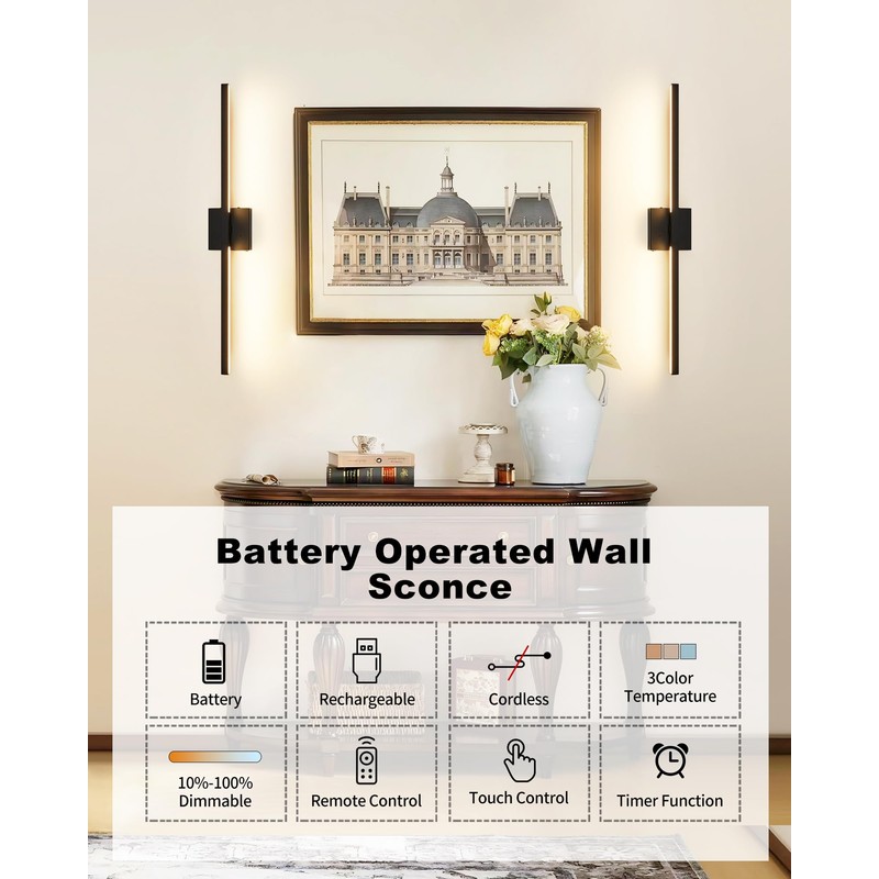 8000mAh Battery Operated Wall Sconce Set of 2, 3 Color