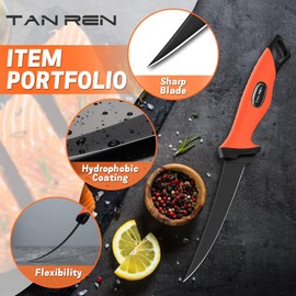 TAN REN Fillet Knife for Fish 6 inch, Flexible Fishing Knife for Filleting and Cleaning, Non-Slip Handle Stainless Steel Filet Knives with Sheath, Ideal for Boning & Filleting Fish