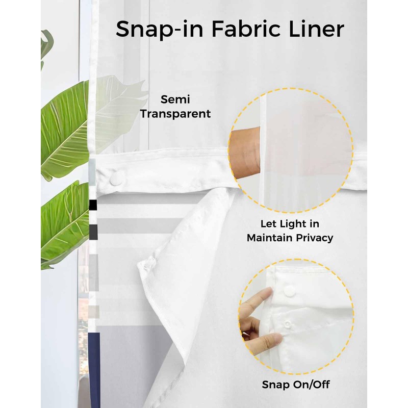 EwdeWwo No Hook Striped Shower Curtain with Snap in Liner,