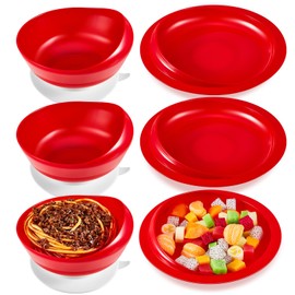 Hushee Adaptive Spill Proof Scoop Bowl and Plate Set with Suction Base Non Skid Self Feed Dinnerware for Elderly Disabled Handicapped from Parkinsons, Dementia, Stroke, Tremor(3 Sets,Red)