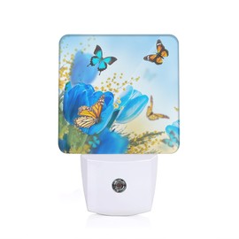 Butterfly Flower Night Light, Blue Tulips Butterfly Night Lights Plug Into Wall with Dusk To Dawn Sensor Wall Lamp, Nightlights For Bedroom, Bathroom, Hallway, Kitchen, Gifts Ideal For Girls Women