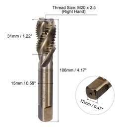 sourcing map Metric Spiral Flute Thread Taps, M20 x 2.5 H2 Screw Threading Tap, Machine Tapping Tools for Machinist Repair (M35 Cobalt High Speed Steel (HSS-CO), Uncoated)