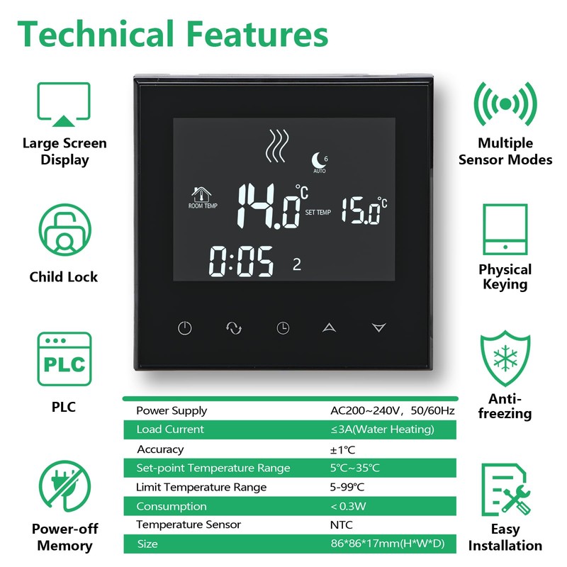 Wengart Home Thermostat Programmable WG03-4,AC230V Max3A Touch Screen LCD Display