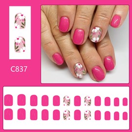 Flower Press on Nails Short Square Fake Nails with Designs Spring Summer Acrylic Nails Full Cover False Nails Cute Floral Glue on Nails Glossy Artificial Nails Reusable Stick on Nails for Women