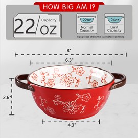 AVLA 4 Pack Ceramic Soup Bowls, 22 Ounces Porcelain Serving Bowl Set with Doundle Handle, Large Ceramic Crocks for French Onion Soup, Stew, Pasta, Cereal, Pot Pies (Red)