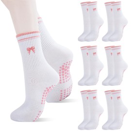LGFKJNNJ 6 Pairs Cute Pilates Socks for Women - Non-Slip Pink Bow Socks with Grips for Yoga, Barre, Ballet & Dance