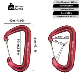 Galerie SV Pack of 6 Carabiner Hooks Climbing Heavy Duty Aluminium Carabiner Hook Large 12 KN (1200 kg) Aluminium Carabiner Key Ring for Hammocks, Camping, Backpacking (Red)