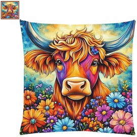 Fanxvivy Stamped Cross Stitch Kits for Adults Beginners Pillow Needlepoint Kit with Embroidery Pattern Needlework Kit Prestamped Stitches Kit 11CT Cross Stitching-Colorful Cow Flowers 18x18 inch