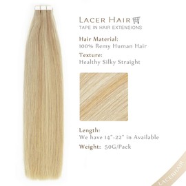 Lacerhair Hair Extensions Tape in Human Hair 16 Inch Straight Skin Weft Remy Human Hair Ombre Dark Ash Blonde Highlighted with Light Platinum Blond Color P#18/60A 20PCS 50G Tape in Hair Extensions