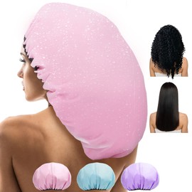 Sheomern 3 Pieces 16.5 Inch Super Jumbo Shower Cap Women, Extra Large XXL Double Waterproof Shower Caps, Adjustable, Reusable Cap, Satin Silk Hair Cap, Bonnet for Women, Dreadlocks, Long Hair