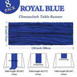 Paquete de 8 caminos de mesa de gasa de 10 pies, color azul real, tela rústica de 120 pulgadas, para decoración de novia, baby shower, boda, centro de mesa del hogar
