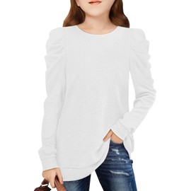 Girls Puff Sleeve Cute T Shirts Kids Fall Tops Crewneck Clothes Loose Fit 5-14Y White
