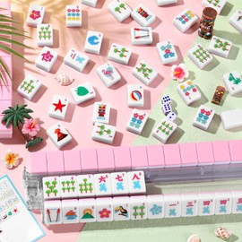 Silipull American Mahjong Tile Set, 160 Pcs 1.2'' Pink Engraved Mahjong Tiles with Summer Hawaii Aloha Patterns Mah Jong Block Set for Family Night, Mahjongs Lovers