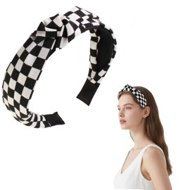 Pejlnd 1Pcs Knotted Headbands for Women,Black and White Checkered Headband Makeup Wash Face Hairband Wide Turban Headwear Commuting Hair Accessories for Women Girls Daily Wear