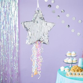 Pull String Star Pinata for Twinkle Twinkle Little Star Gender Reveal Decorations and Birthday Party Supplies (Silver, 13x13x3 in)
